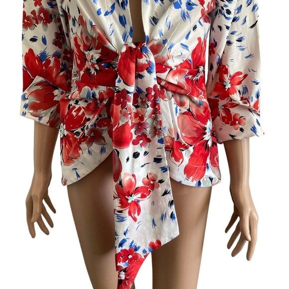Floral Tie-Front Blouse - Red and Blue - Picture 6 of 10